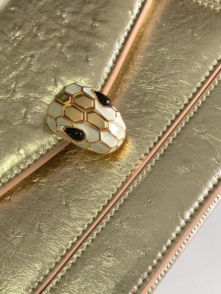 BVLGARI Serpenti Forever Shoulder Bag 3 Sizes Light Gold & Green Ostrich-Effect Calf Leather Crossbody – Image 6 BVLGARI Serpenti Forever Shoulder Bag 3 Sizes Light Gold & Green Ostrich-Effect Calf Leather Crossbody – Image 6