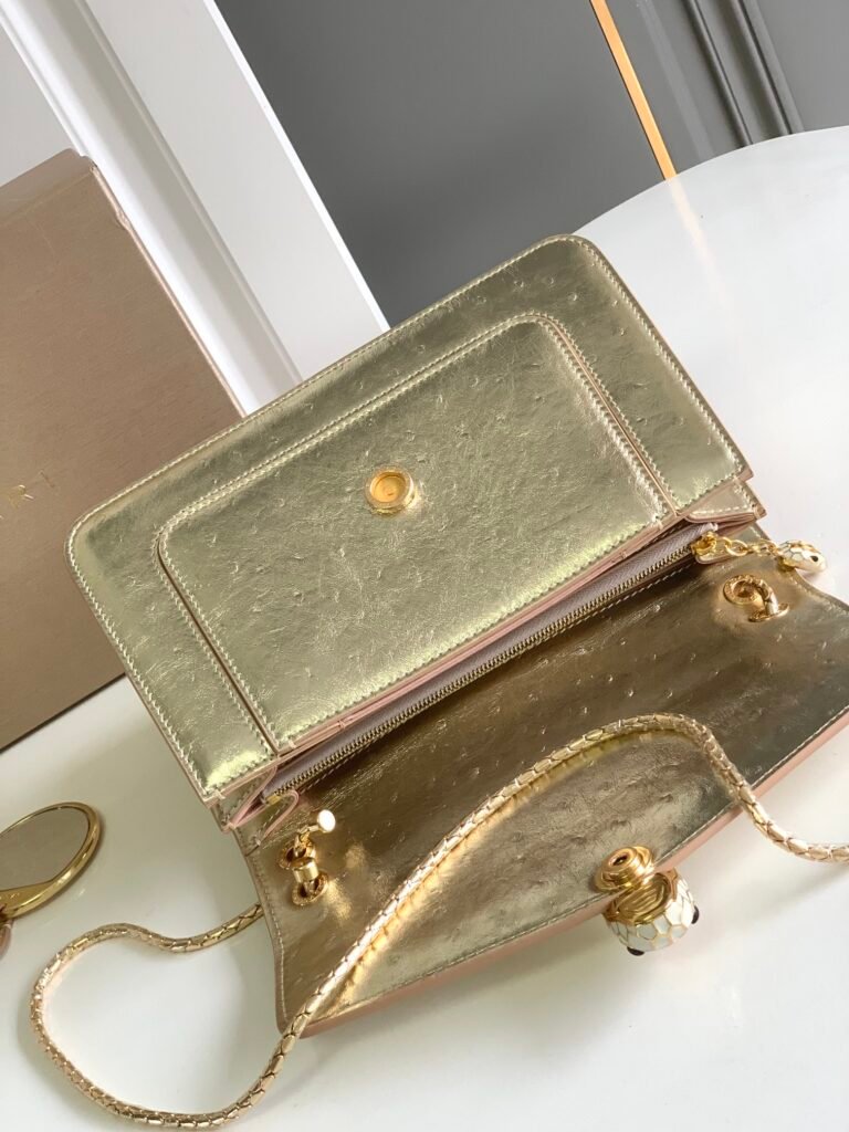 BVLGARI Serpenti Forever Shoulder Bag 3 Sizes Light Gold & Green Ostrich-Effect Calf Leather Crossbody – Image 8 BVLGARI Serpenti Forever Shoulder Bag 3 Sizes Light Gold & Green Ostrich-Effect Calf Leather Crossbody – Image 8